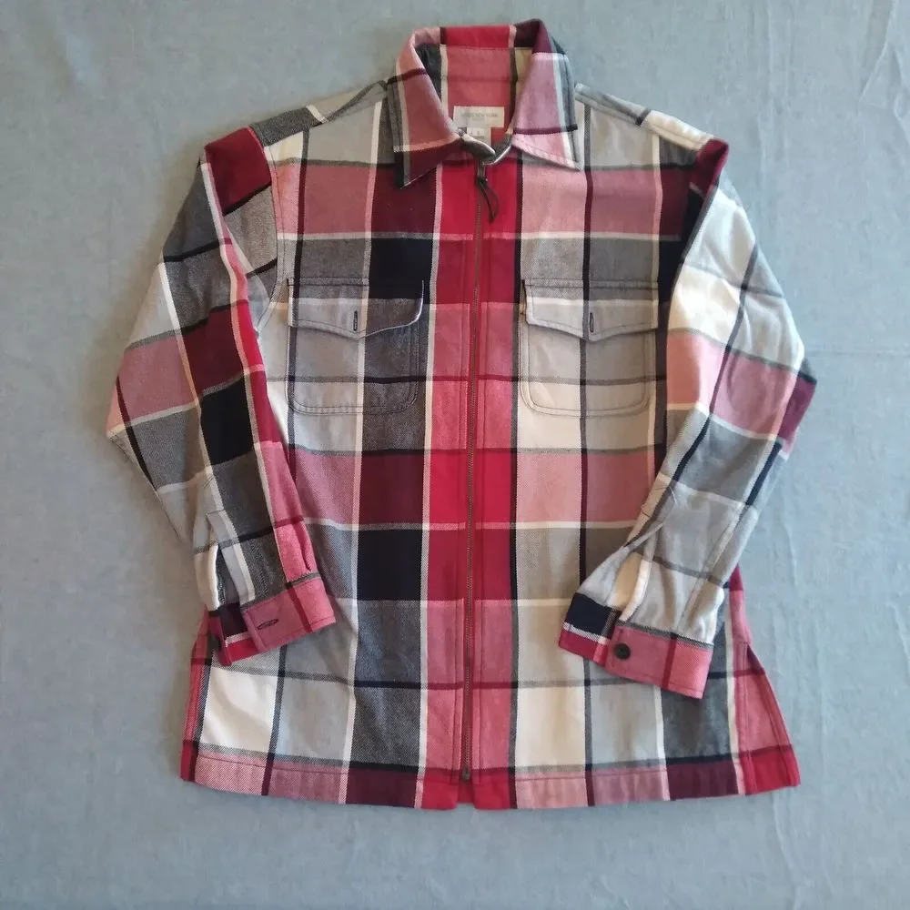 Jones New York Sport Jacket Womens Small Red Plaid Flannel Full Zip Cotton